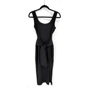 The Workshop Ribbed Midi Bodycon Dress Black Tie Front Side Slit Size Large NWT